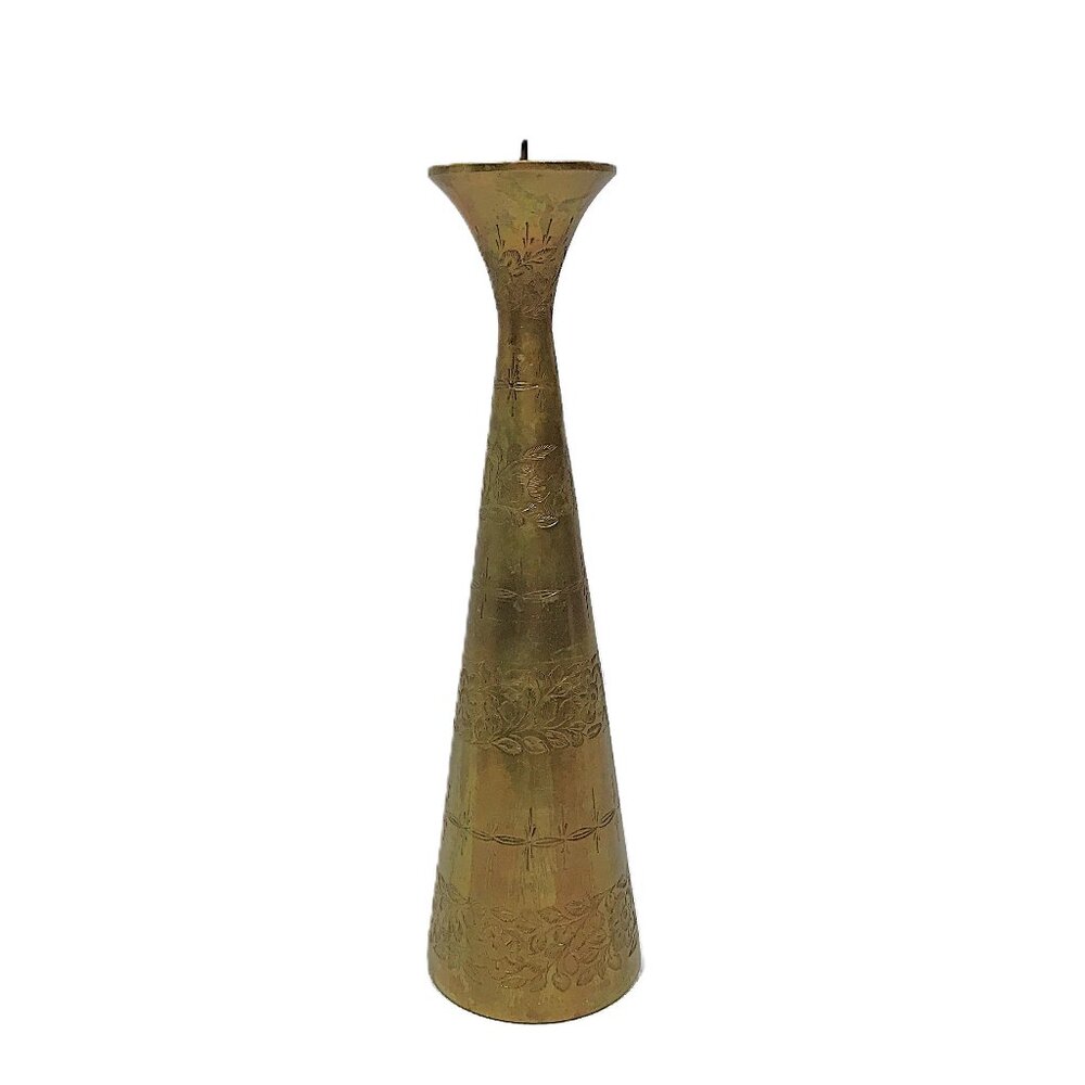 Vintage Etched Solid Brass Candlestick Holder Indian Brass